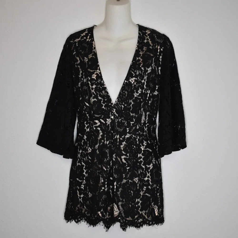 Missguided Romper Sz 10 Plunging Neckline Retro 70s Neutral Whimsygoth Party